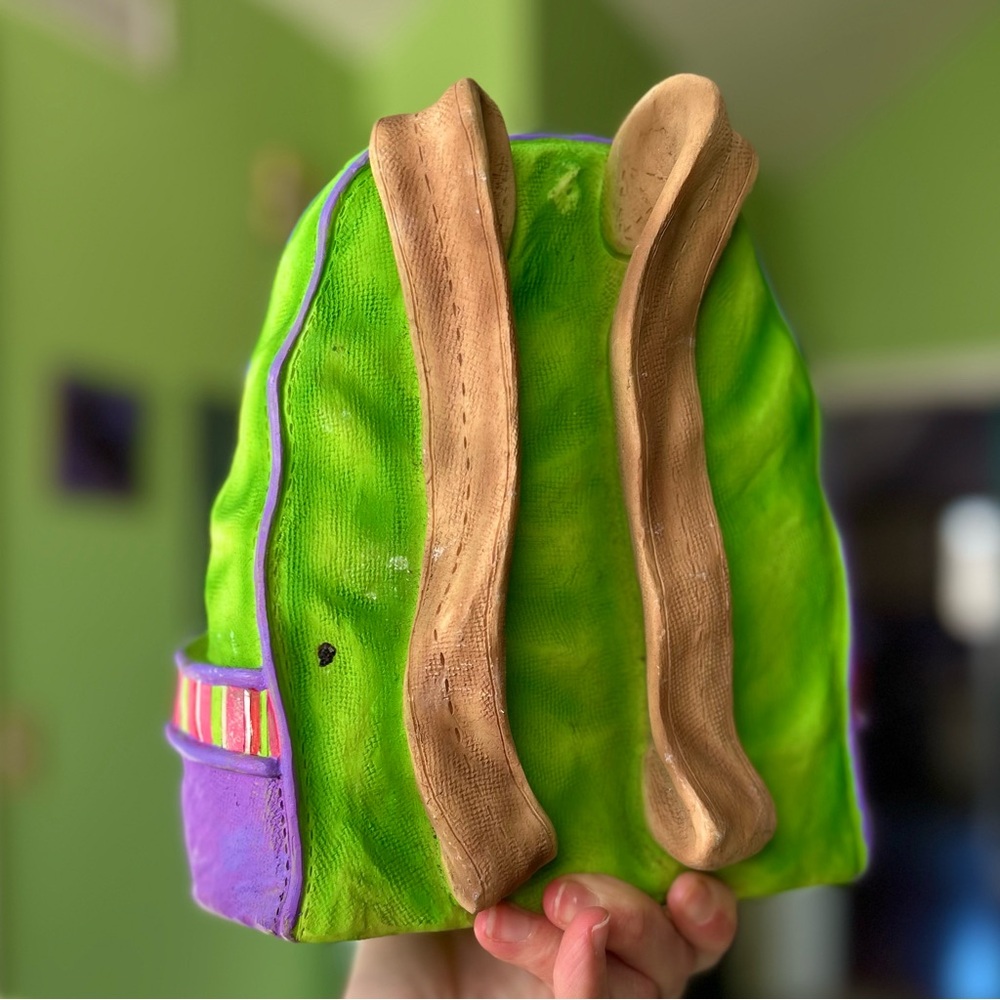 Handmade Vibrant Green & Purple Rustic 3D Textured Backpack Bag Piggy Bank - Picture 6 of 11